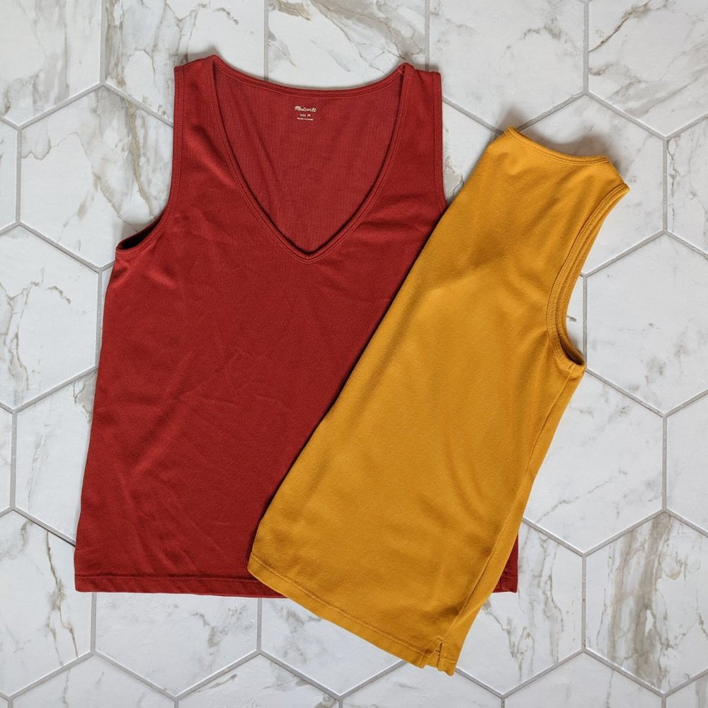 Pair of Madewell Tomboy V-Neck Tanks / clay red and bright gold